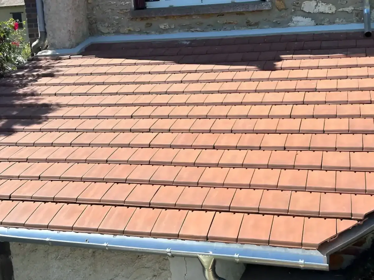 Tuiles et rive zinguée, vue de détail